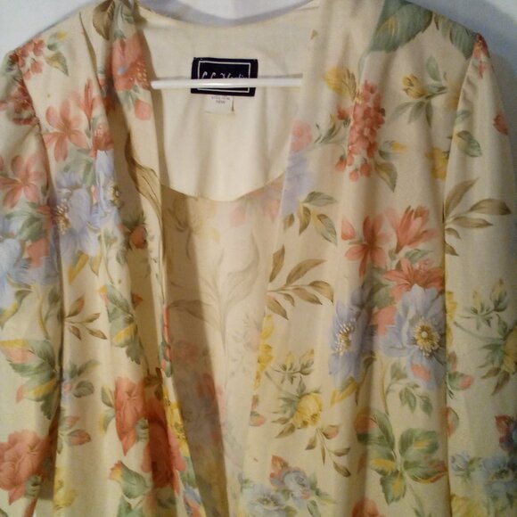 LL Martin Open Front Blouse 16W Simi Sheer Half Sleeve Floral Cream Pink Green - Picture 10 of 15